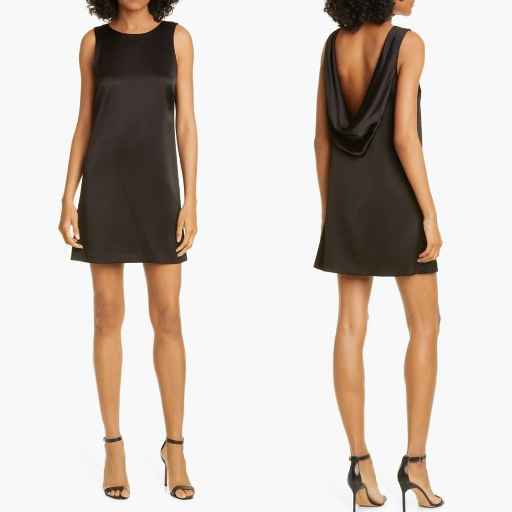 Alice + Olivia Lita Cowl Back Mini Dress Large Black Satin Draped Open Back Chic